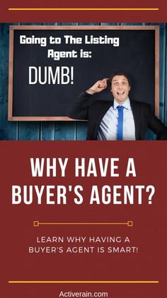 a man in a suit and tie standing next to a sign that says, why have a buyer's agent?