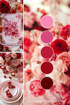 the wedding table is decorated with pink and red flowers, plates, and napkins