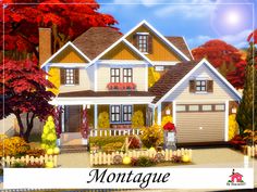 a large white house with lots of windows and fall trees in front of it that says montague