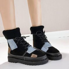 Upper Material: Flock Boot Height: Ankle Fit: Fits true to size. take your normal size Toe Shape: Round Toe Season: Winter Closure Type: Lace-Up is_handmade: No Pattern Type: Patchwork Heel Type: Flat with Boot Type: Snow Boots Insole Material: PU Shaft Material: Flock Outsole Material: Rubber Fashion Element: Platform Lining Material: Short Plush Heel Height: Flat (â‰?cm) Model Number: 1208-1 With Platforms: Yes Platform Height: 0-3cm Casual Ankle Boots, Chunky Sandals, Boot Types, Flat Boots, Winter Casual, Pump Sandals, Black Ankle Boots, Casual Boots, Winter Women