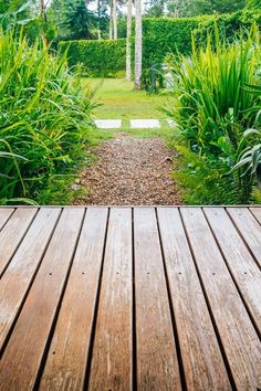 an empty wooden deck in the middle of a garden