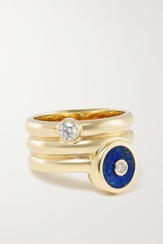 Retrouvaí's ring is ridged to create the illusion of three perfectly stacked styles. Cast from 14-karat gold, it's topped with the label's 'Compass' motif in lapis lazuli and a pair of sparkling diamonds. Scroll through our jewelry edit to discover the matching pieces. Luxury 14k Stamped Sapphire Ring, Luxury Stackable Signet Ring, Luxury 14k Gold Stackable Rings With Bezel Setting, Luxury 14k Yellow Gold Sapphire Ring, Luxury Yellow Gold Sapphire Ring Stamped 14k, Luxury Yellow Gold Stackable Rings With Bezel Setting, Gold Sapphire Ring, Lapis Lazuli Ring, Gold Signet Ring