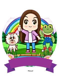 a girl and two dogs are standing in front of a rainbow