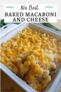 baked macaroni and cheese in a white casserole dish with text overlay