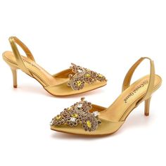 Details: Style: simple Embellishment: Rhinestone Heels Type: Stiletto Heel height: 7.5cm Closure Type: Slingback Toe: Pointed Toe Upper Material: PU Leather Sole Material: PVC Lining Material: PU Leather Gold Pointed Toe Sandals With Rhinestones, Gold Rhinestone Pointed Toe Sandals, Elegant Rhinestone Pointed Toe Sandals, Gold Wedding Shoes For Evening In Spring, Gold Wedding Shoes For Spring Evening, Elegant Silver Kitten Heels With 4-inch Heel, Elegant Gold Ankle Strap Kitten Heels, Elegant Gold Kitten Heels With Ankle Strap, Elegant Gold Kitten Heels For Evening