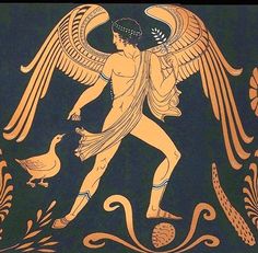 an ancient greek vase with a man holding a bird and two birds on the ground