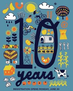 the 10th anniversary poster is shown in blue and orange colors with farm animals, trees, flowers