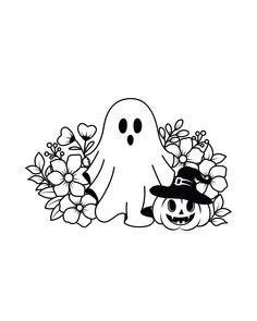 a black and white drawing of a ghost with pumpkins in front of flowers on a white background