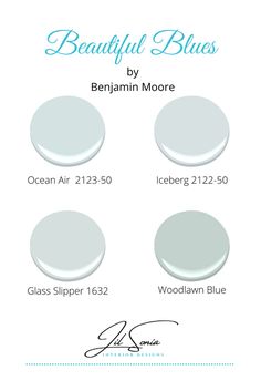 three different shades of white paint with the words beautiful blues by benjamin moore on it