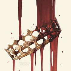 blood dripping down the side of a metal object with a crown on it's head