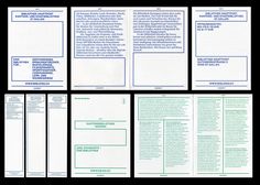 four pages of paper with blue and green lines