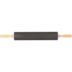 a black rolling pin with wooden handles on a white background for use in baking and pastry decorating