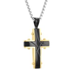 Stainless steel rivet cross pendant with black and gold-tone plating. Includes a 24-inch stainless steel rolo link chain necklace with lobster claw closure. Black Metal Cross Jewelry, Black Stainless Steel Necklace With Cross Pendant, Black Metal Cross Necklace, Black Metal Cross Pendant Necklace, Black Stainless Steel Cross Pendant Necklace, Black Cross Jewelry With Adjustable Chain, Black Stainless Steel Cross Jewelry, Black Metal Crucifix Necklace, Black Metal Crucifix Cross Necklace