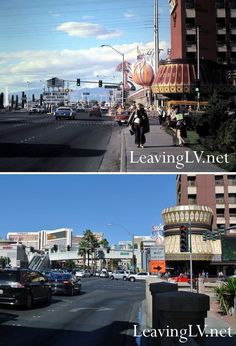 two pictures side by side one with cars and the other with people walking down the street