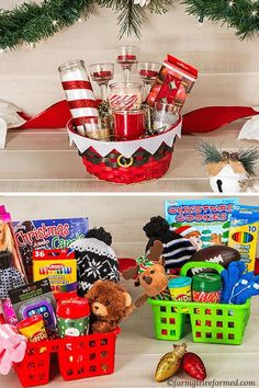 two baskets filled with christmas gifts on top of a shelf next to a tree and stockings