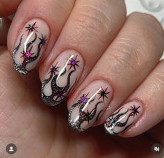 Haunting Adeline Nails, Tarot Card Inspired Nails, Mystic Acrylic Nails, Practical Magic Nails, Tarot Nail Designs, Stained Glass Window Nails, Medieval Nails, Occult Nail Art, Witchy Nail Designs