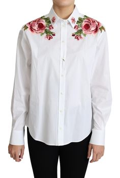 DOLCE & GABBANA Gorgeous brand new with tags, 100% Authentic Dolce & Gabbana introduces flower embroidery shirts. The clear white is accented with rose embroidery. Model: Collared Formal Top Material: 97% Cotton 3% Spandex Color: White Logo details Made in Italy