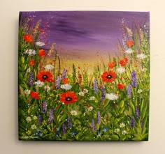 an acrylic painting of wildflowers and daisies against a purple sky