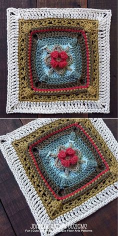 two crocheted squares with flowers on them