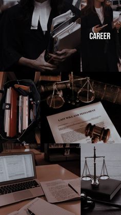 a collage of photos with law books and papers