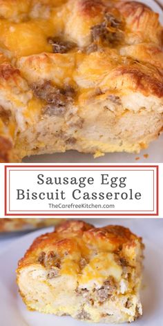 sausage egg biscuit casserole on a white plate with a red border around it