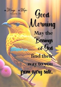 a yellow bird sitting on top of a pink flower next to a quote that reads, good morning may the bosons of god find their way to you from every side