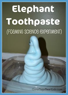 an elephant toothpaste sculpture in a bowl with text overlay reading elephant toothpaste foaming science experiment