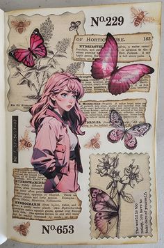 a drawing of a girl with pink hair and butterflies on her face, in front of an old sheet of paper