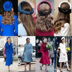 many different pictures of women in hats and dresses, including one wearing a blue coat