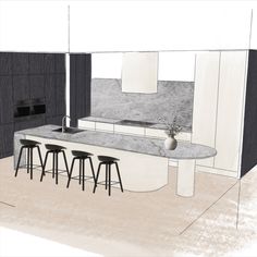 a drawing of a kitchen with stools and an island countertop in the center