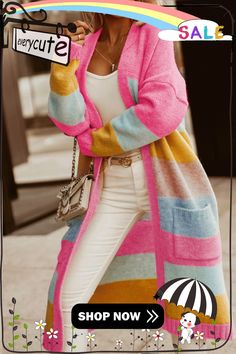 Multicolor Color Block Knit Pocketed Open Front Cardigan Open Front Cardigan, Winter Sweaters, Front Open, Color Block, Cardigans, Fall Winter, Knitting, Crochet, Color