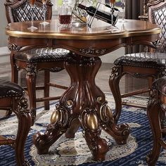 Part of Acme’s exclusive Picardy collection, this impressive counter height dining set features a round pedestal table with spectacular antique hand-brushed accents over a rich cherry oak finish. The matching counter height chairs are upholstered in PU, and offer comfortable padded seats with nailhead trim and arched seatbacks topped with oversized crown and raised scrolled motifs. A grid pattern on in seat cushion and inner seatback, and button tufting on the outer seatback, add visual texture Marble Accent Table, Oak Table Top, Market Table, Honey Oak, Counter Height Dining Table, Counter Height Dining Sets, Acme Furniture, Pedestal Dining Table, Visual Texture