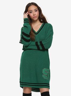 Harry Potter Slytherin Sweater Dress, MULTI Slytherin Jumper, Slytherin Sweater, Quidditch Pitch, Slytherin Clothes, Cozy Dress Outfit, Slytherin Outfit, Harry Potter Dress, Slytherin Fashion, Hogwarts Outfits