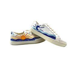 Rubber Sole Embroidered Sunrise And Sunset Designs, Removable Cushioned Insole Lace-Up Closure Round Toesol & Luna Embroidered On Back Embroidered Sneakers, Sunrise And Sunset, Vintage Chanel Handbags, Gold Sneakers, Metallic Shoes, Brown Sneakers, Retro Sneakers, Platform Sneaker, Blue Sneakers