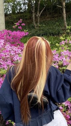 Brown Hair With Fun Highlights, Ginger And Blonde Streaks, Hair Dye Inspo Aesthetic Blonde, Ginger Hair Color With Blonde Streak, Split Dye Blonde And Ginger, Root Dyed Hair, Half Coloured Hair, Long Dyed Hair, Red And Blonde Hair Aesthetic