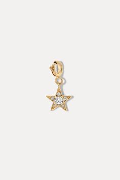 The Star Charm adds a touch of stardust to your bracelet, bringing a subtle sparkle and celestial elegance to your look. 18k gold-plated brass​ 6mm diameter, 9mm width with 3mm center CZ Spring clasp Pairs with the Hailey Bracelet Build Your Charm Bracelet Here Clip On Charms, Cz Necklace, Lucky Star, Pendant Bracelet, Star Charms, Earring Backs, Chain Pendants, Stardust, The Star