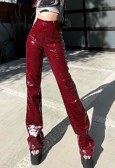 Style Casual, Street Main Material Pu Leather, Polyester Fit Type Slim fit Design High Rise Waistline, Zip & Button Fastening, Multi Belt Loops, Slim Flare Leg Fit Red Leather Pants, Lizzie Hearts, Bodycon Floral Dress, Doja Cat, Crop Top Blouse, Exclusive Fashion, Pants Outfit, Leather Fashion, Red Leather