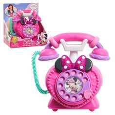 the minnie mouse telephone is pink and purple