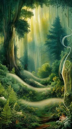 a painting of a path in the middle of a green forest with trees and plants