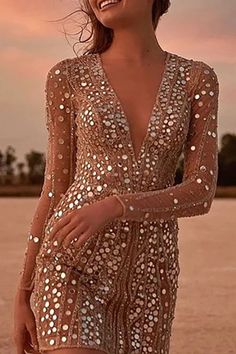 Deep V Neck Sequin Party Queen Dress Long Sleeve Homecoming Dress, Long Sleeve Sequin Dress, Pencil Skirt Dress, Long Sleeve Sequin, Mini Robes, City Dress, Mini Dresses For Women, Fashion Color, Slim Dresses