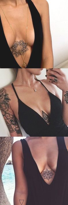 the woman has tattoos on her arms and chest, while she is wearing a black top