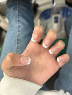 French tip short white square nails White French Tip Manicure, Square Fence Tip Nails, Short Square White French Tip Nails, Round Square French Tip Nails, Short French Tip Nails Square, White French Tips Square, Rounded Square French Tip Nails, French Nails Square Short, White Square French Tip Nails