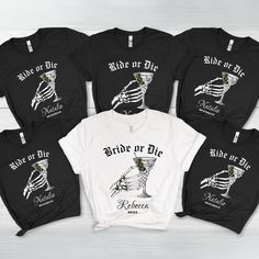 the bride and groom shirts are shown in black, white, and green colors with skeleton images on them