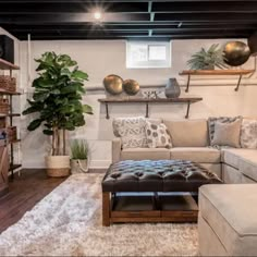 a living room filled with lots of furniture next to a wall mounted book shelf and potted plant