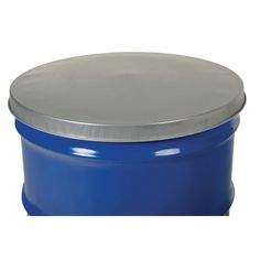 a blue plastic container with a metal lid