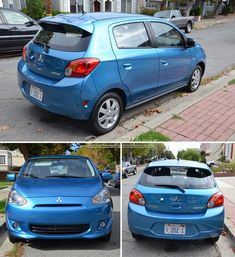 three different pictures of a blue car parked on the street