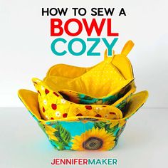 how to sew a bowl cozy with sunflowers and polka dots on it