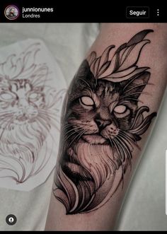 a black and white photo of a cat with flowers on it's head, next to a tattoo design