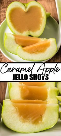 caramel apple jello shot is cut in half and served on a white plate