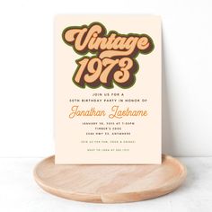 an old style birthday party card with the words vintage 1970 on it in orange and brown